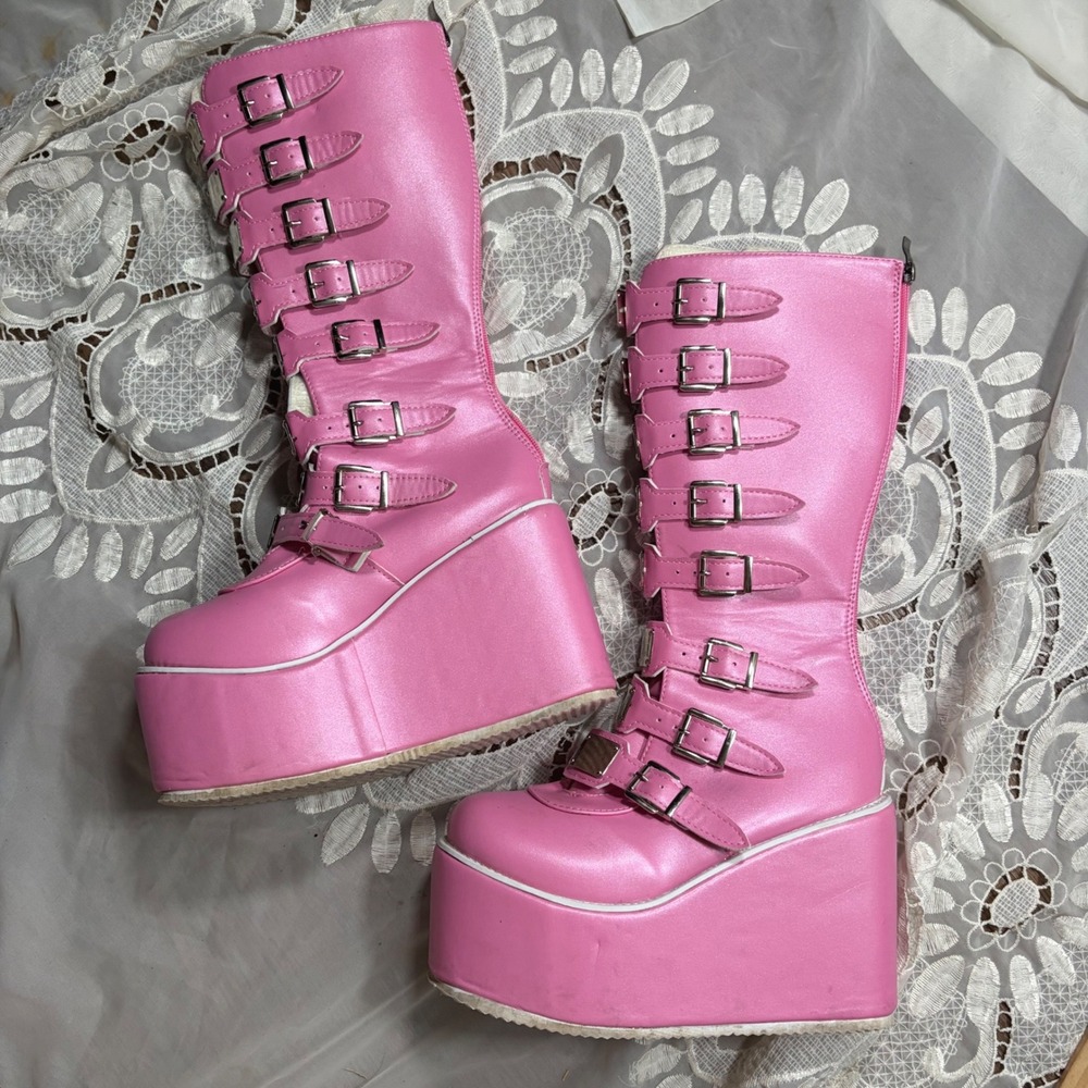 Demonia Style Grunge Emo Alt Swing Pink Metallic Platform Wedge Buckle Boots 7